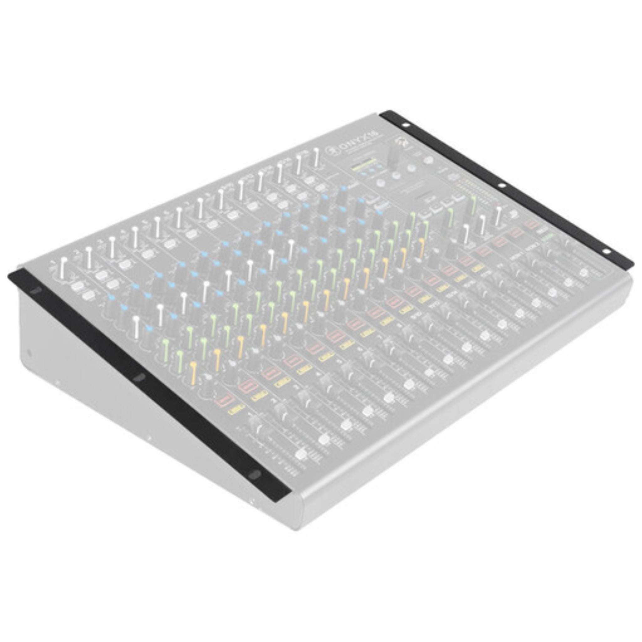 Black metal rackmount side panels shown attached alongside a transparent mixer unit.