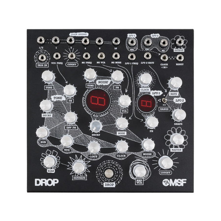 Black synthesizer module with multiple knobs, jacks, two red LED displays, and labeled controls from Mad Sound Factory.