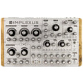 Top view of a white analog synthesizer with multiple knobs, buttons, and wooden side panels labeled Implexus.