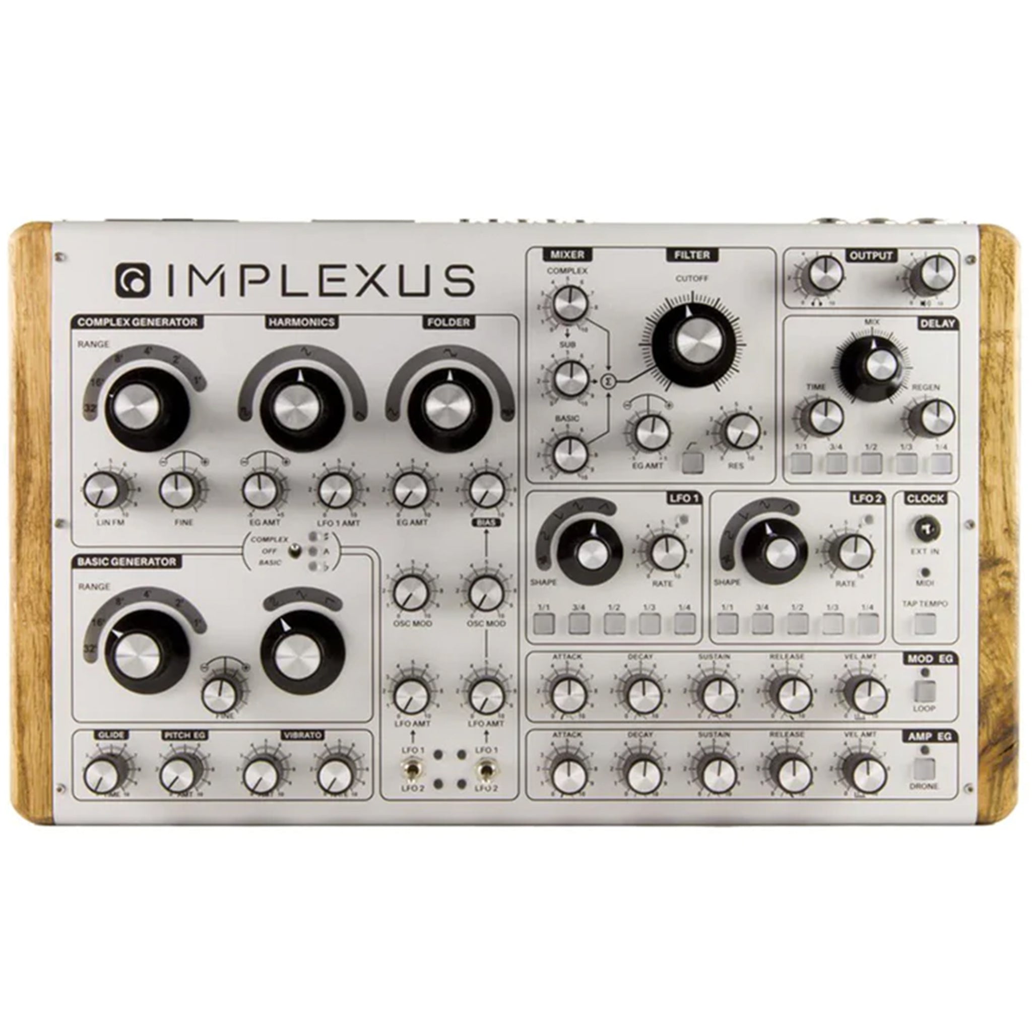 Top view of a white analog synthesizer with multiple knobs, buttons, and wooden side panels labeled Implexus.