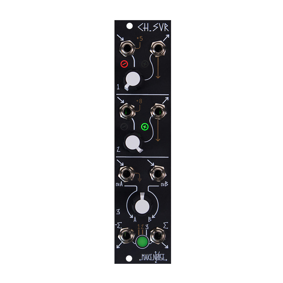 Black eurorack module with knobs, jacks, and button labeled CH. SVR by Make Noise.