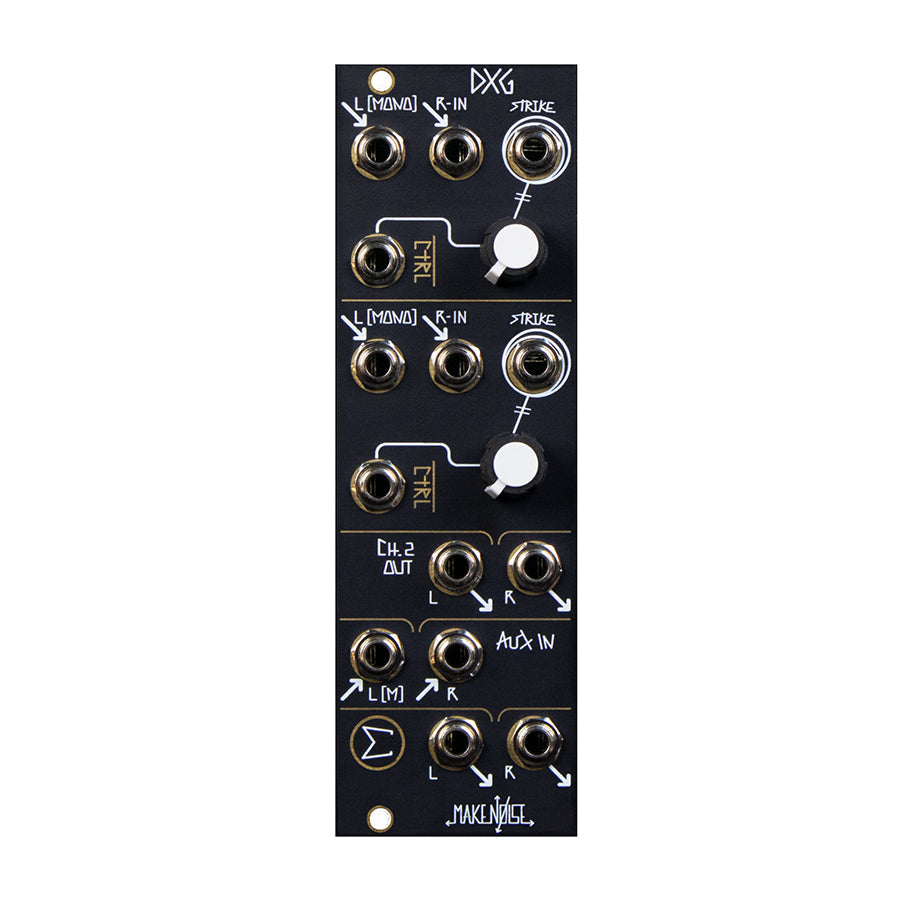 Black eurorack module with multiple jack sockets and two white control knobs labeled DXG by Make Noise.