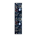 Black modular synthesizer panel with jacks, two silver rotary knobs, red LEDs, and white text markings.
