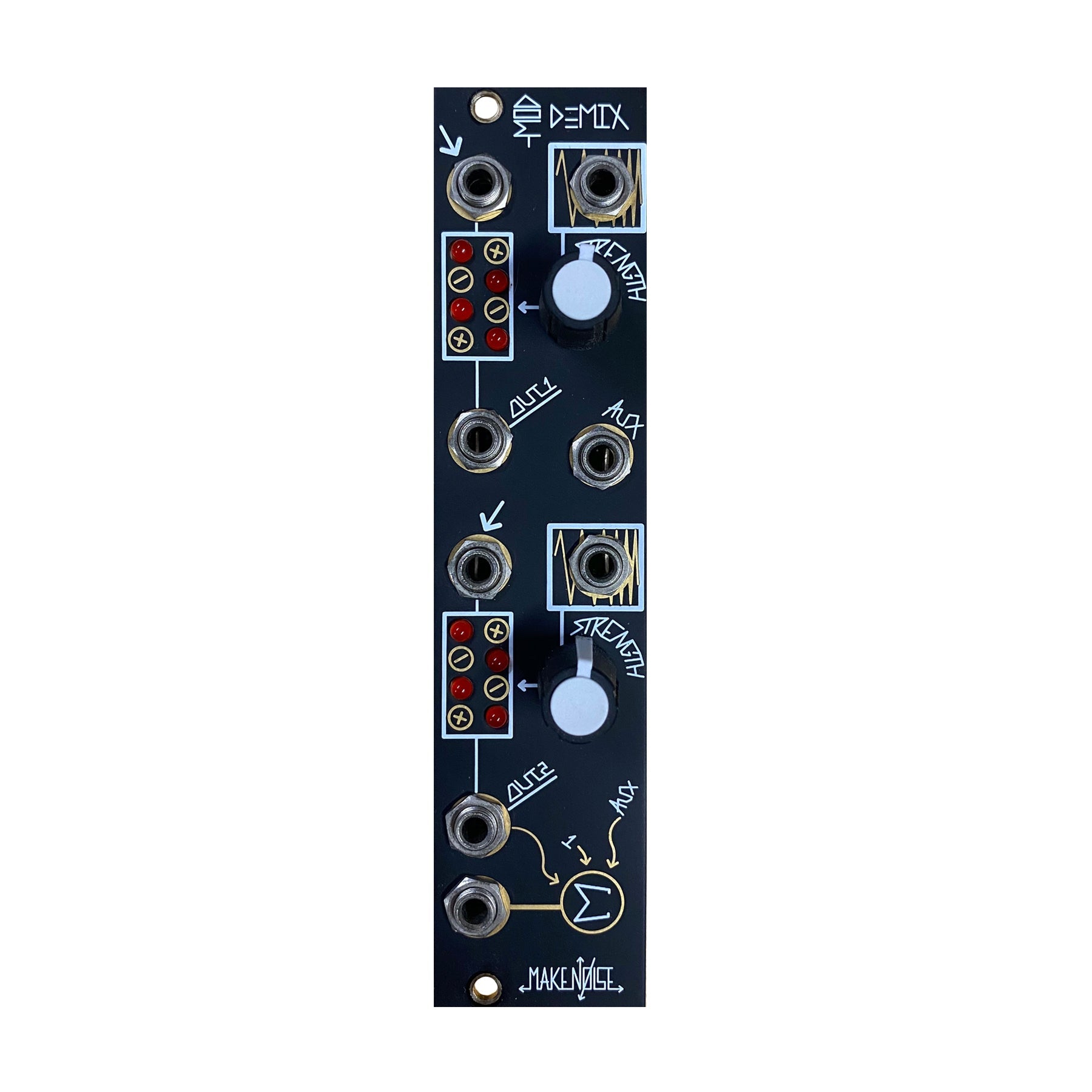 Black modular synthesizer panel with jacks, two silver rotary knobs, red LEDs, and white text markings.