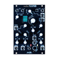 Black Eurorack module with white knobs, multiple audio jacks, and blue graphic bars labeled Plexiphon.