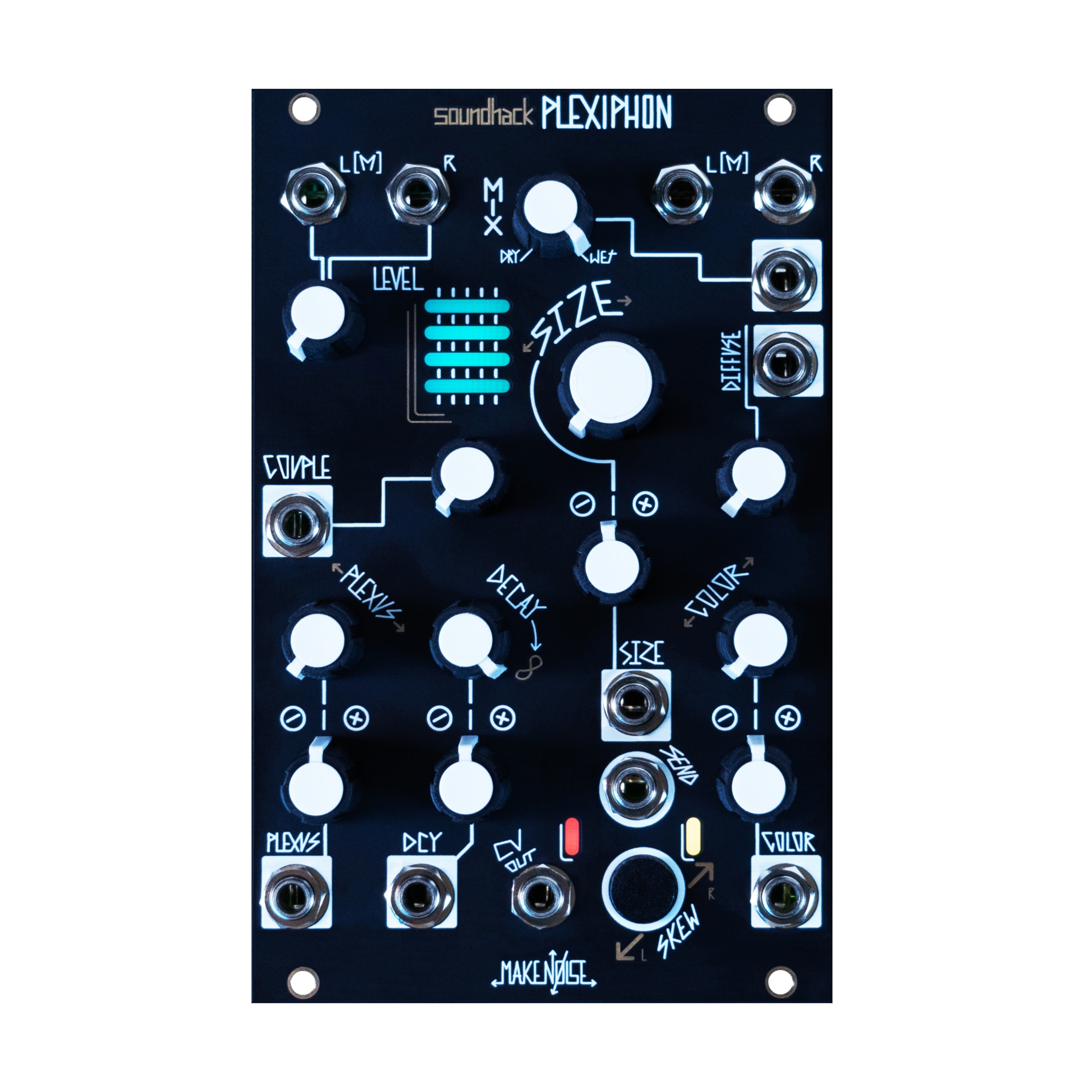 Black Eurorack module with white knobs, multiple audio jacks, and blue graphic bars labeled Plexiphon.