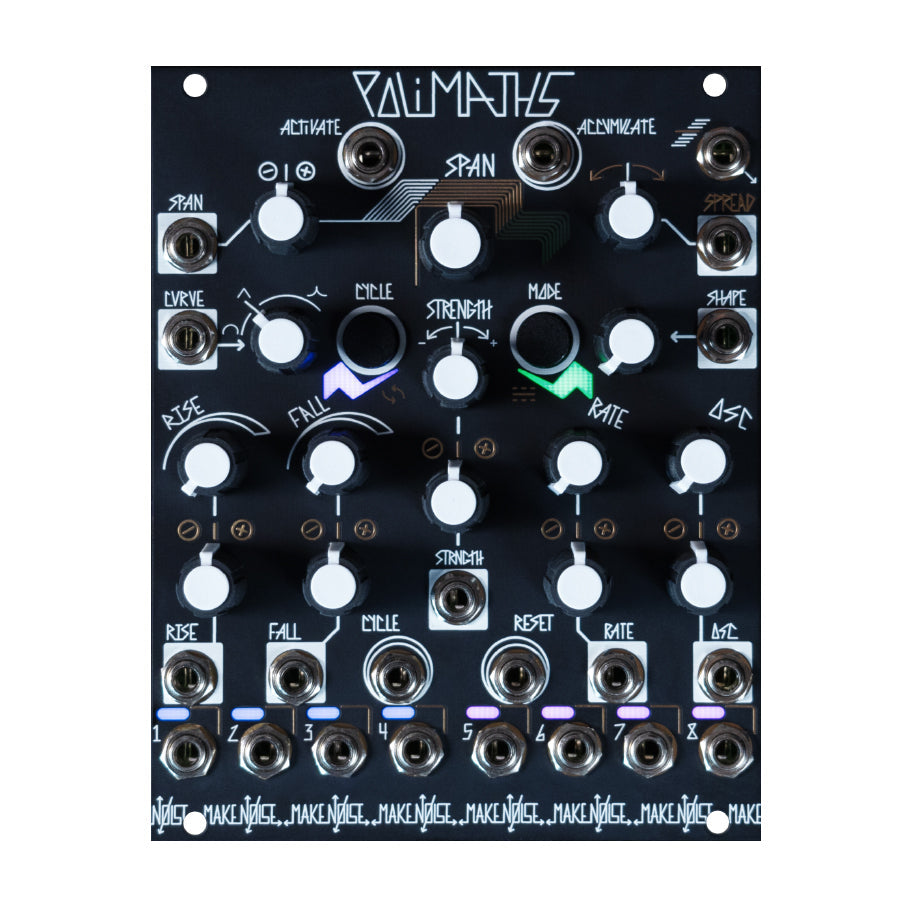 Black Make Noise PoliMaths eurorack module with white knobs and multiple labeled jacks.