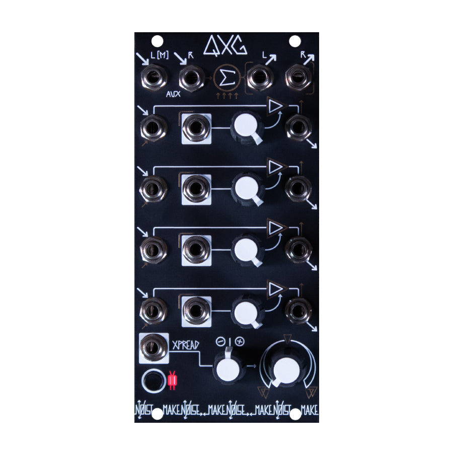Black eurorack module with multiple 3.5mm jacks and white knobs arranged in rows with white labeling.