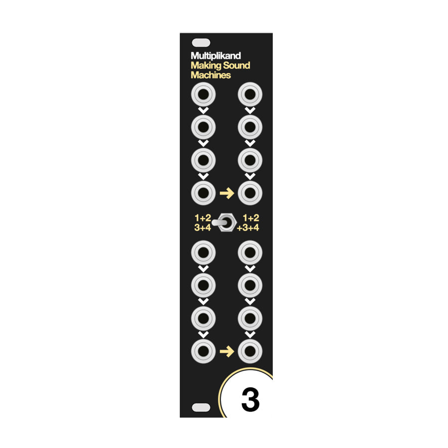 Black eurorack module panel with multiple jack sockets and a central toggle switch, labeled Multiplikand by Making Sound Machines.