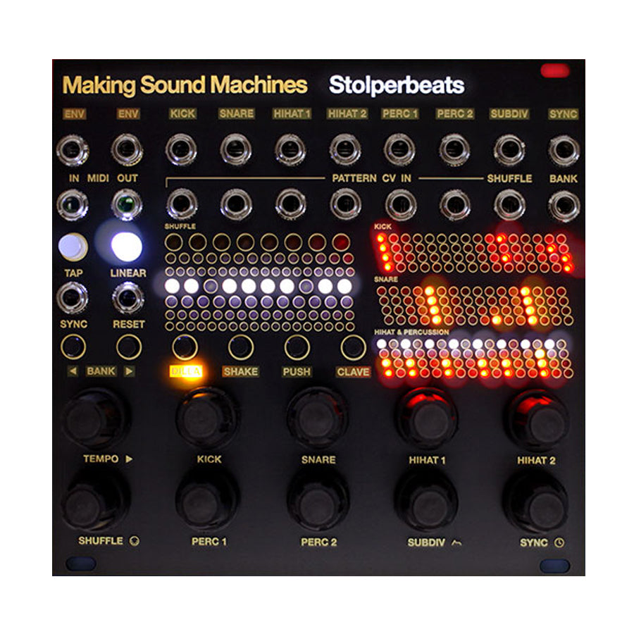 Front view of a black eurorack module with multiple jacks, knobs, buttons, and LED light patterns labeled Stolperbeats.