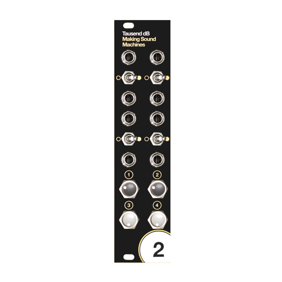 Black eurorack module with toggle switches, knobs numbered 1 to 4, and multiple jack sockets.