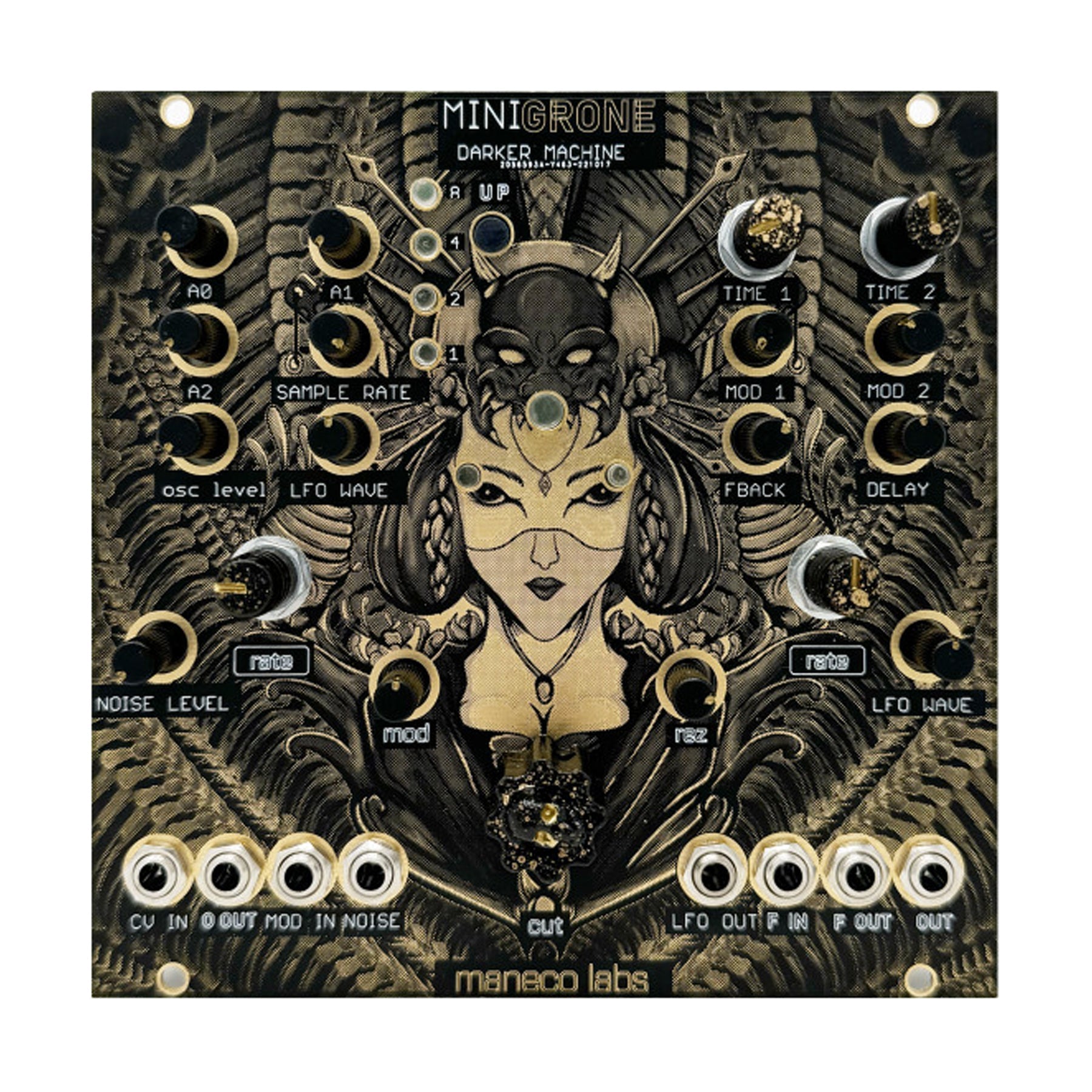 Square eurorack module with detailed artwork, multiple knobs, switches, and patch jacks labeled for audio modulation.