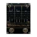 Black digital delay pedal with sliders, toggle switches, and footswitches labeled for delay effects control.