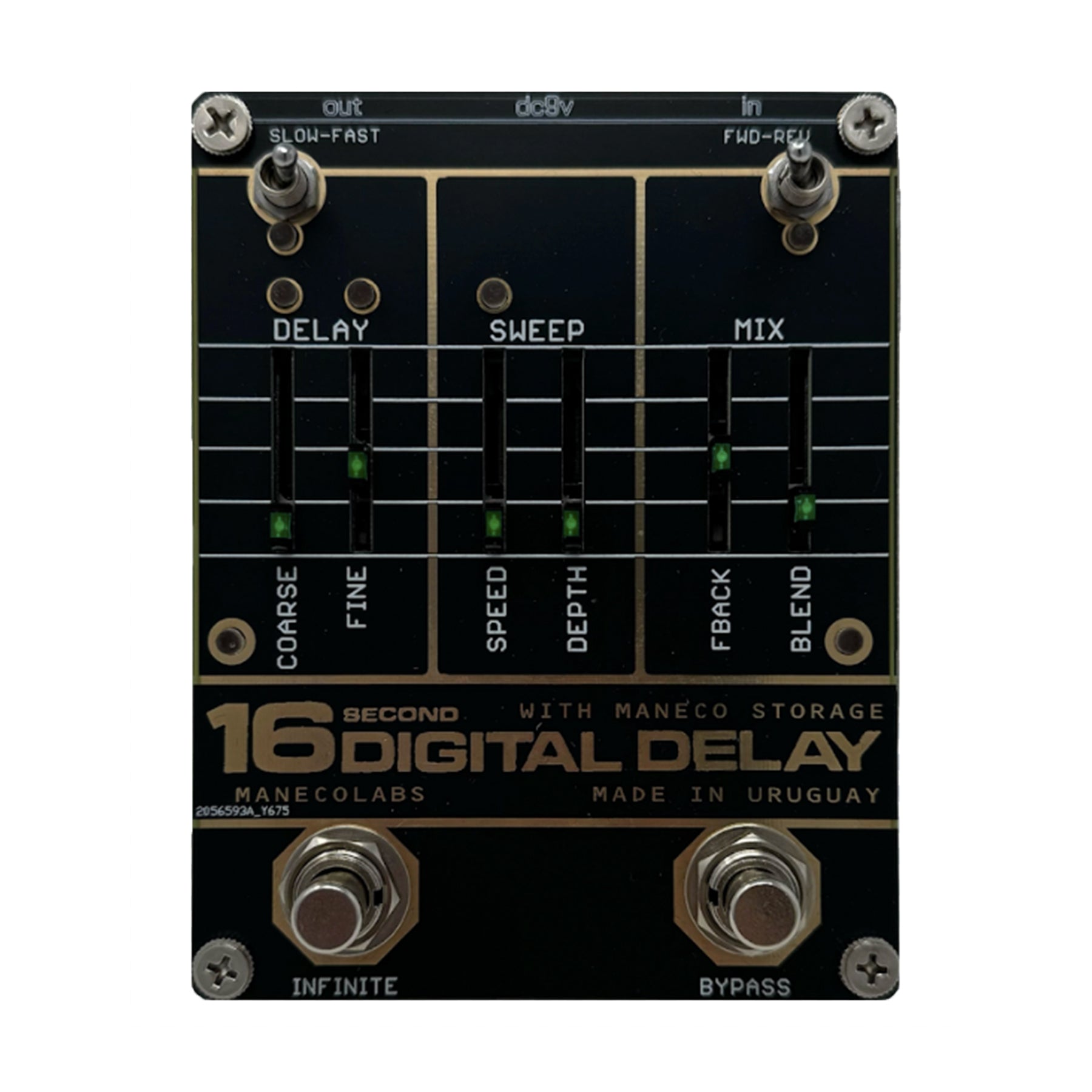 Black digital delay pedal with sliders, toggle switches, and footswitches labeled for delay effects control.