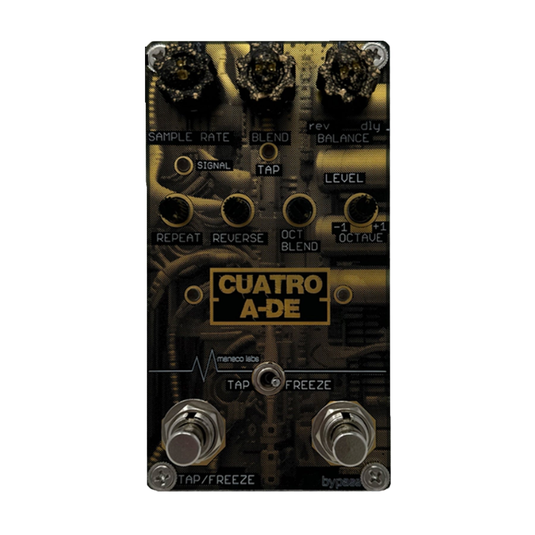 Black and gold guitar effects pedal labeled Cuatro A-DE with knobs, toggle switch, and two footswitches.