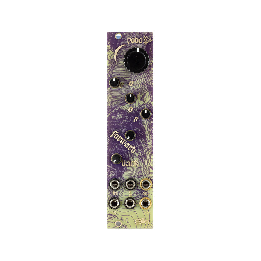 Eurorack module with six knobs and eight 3.5mm jacks on a purple and cream patterned panel.