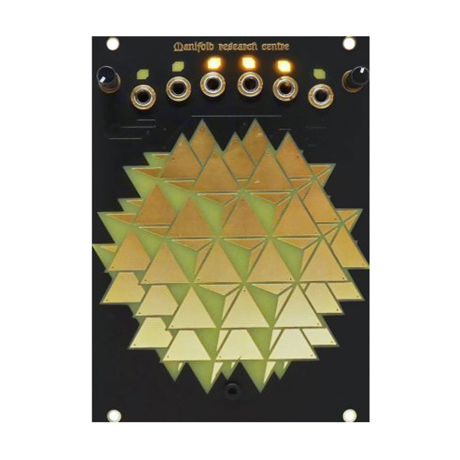 Black panel with gold geometric shape, five jack sockets, two knobs, and three lit amber LEDs.