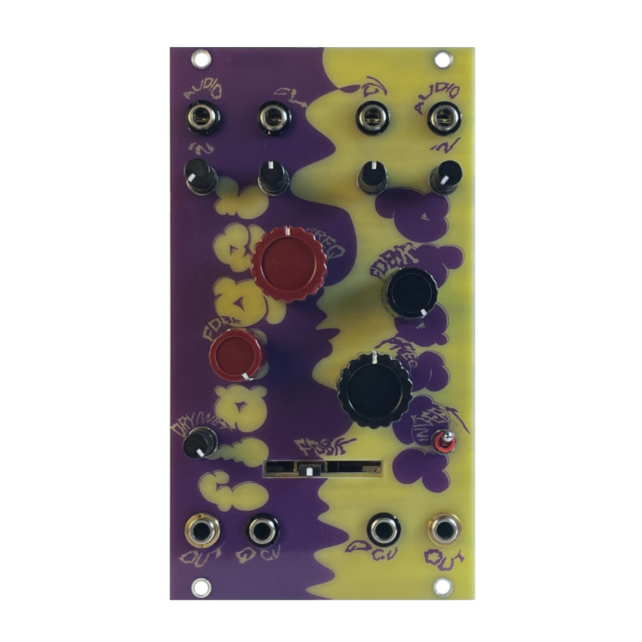 Eurorack module with purple and yellow panel, multiple knobs, jacks, a slider, and a toggle switch.