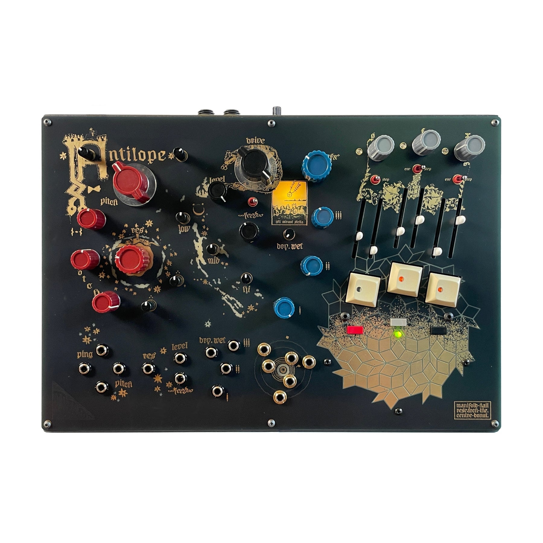 Top view of a black eurorack module with multiple knobs, sliders, push buttons, and jacks labeled Antilope.
