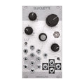 Silver eurorack module with black knobs, toggle switch, and multiple 1/8 inch jacks labeled with controls and functions.