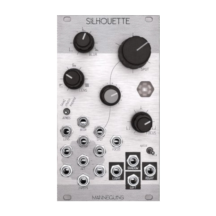 Silver eurorack module with black knobs, toggle switch, and multiple 1/8 inch jacks labeled with controls and functions.