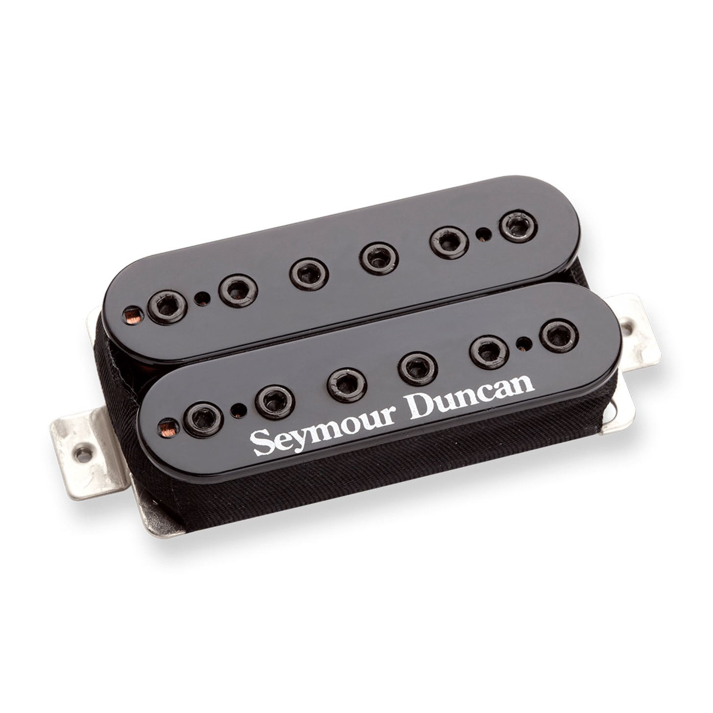 Black electric guitar humbucker pickup with Seymour Duncan logo and adjustable pole screws