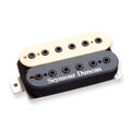 Black and cream Seymour Duncan guitar pickup with adjustable pole screws and metal mounting plate.