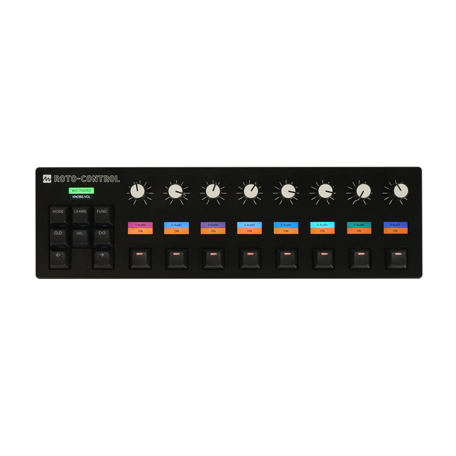Black control panel with eight rotary knobs, eight push buttons, and eight associated labeled indicator lights.