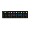 Black control panel with eight rotary knobs, eight push buttons, and eight associated labeled indicator lights.