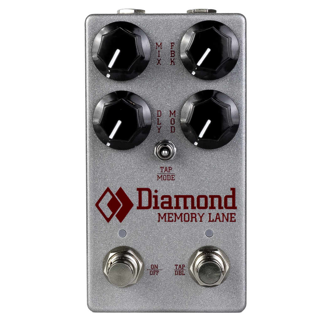 Silver Diamond Memory Lane pedal with four black knobs, a toggle switch, two footswitches, and red lettering.