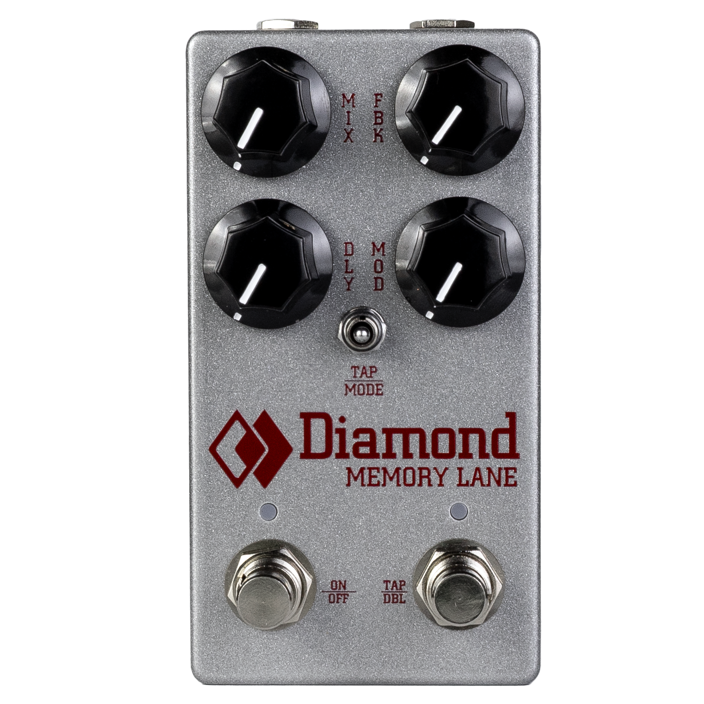 Silver Diamond Memory Lane pedal with four black knobs, a toggle switch, two footswitches, and red lettering.
