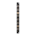 Narrow black synthesizer module panel with six 1/8 inch mono jack sockets labeled IN, OUT, and CV