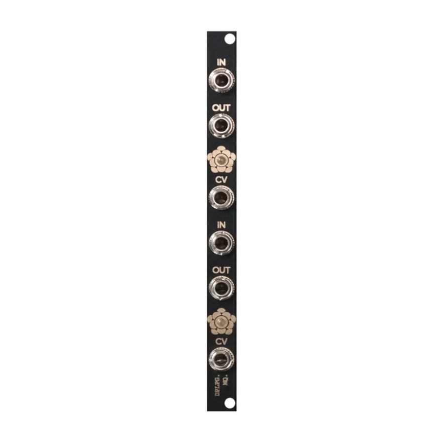 Narrow black synthesizer module panel with six 1/8 inch mono jack sockets labeled IN, OUT, and CV