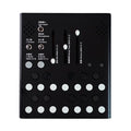 Black rectangular electronic device with multiple toggle switches, sliders, and rows of black and white buttons.