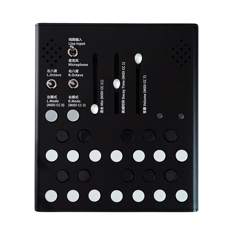 Black rectangular electronic device with multiple toggle switches, sliders, and rows of black and white buttons.