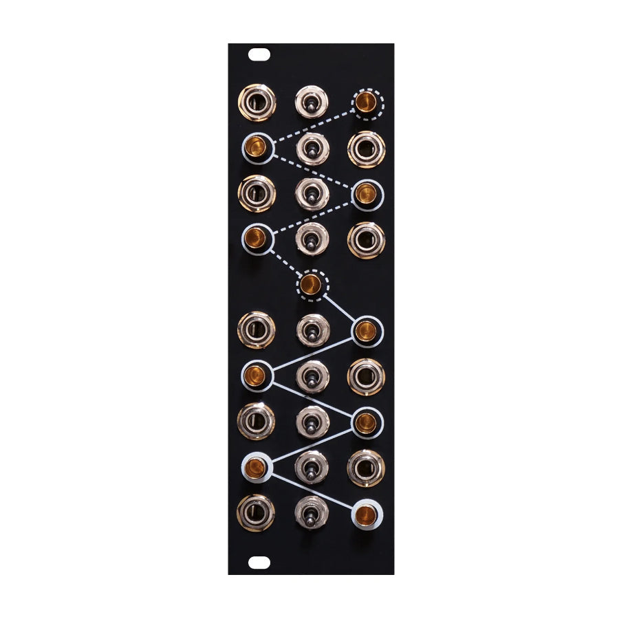 Black electronic module panel with multiple toggle switches and jack sockets connected by white lines.