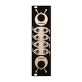 Black synthesizer front panel with two rotary knobs and eight 1/4 inch jack sockets arranged between them