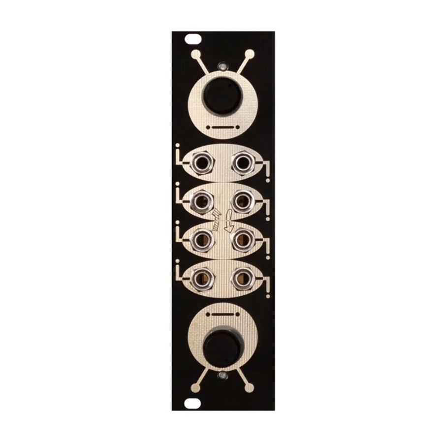 Black synthesizer front panel with two rotary knobs and eight 1/4 inch jack sockets arranged between them