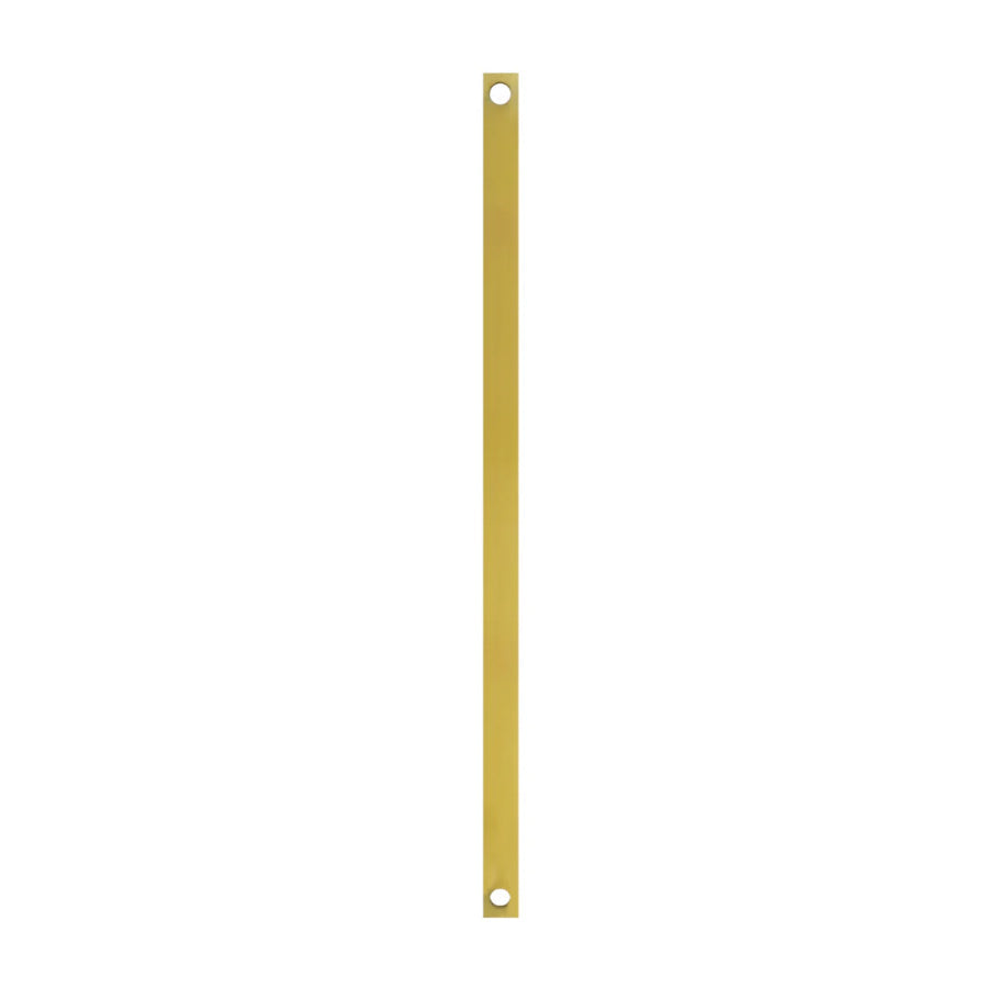 A long, narrow gold-colored metal panel strip with a hole at each end on a white background.