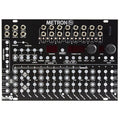 Front view of a black WMD Metron sequencer module with multiple buttons, knobs, LED displays, and 1/4 inch jacks.