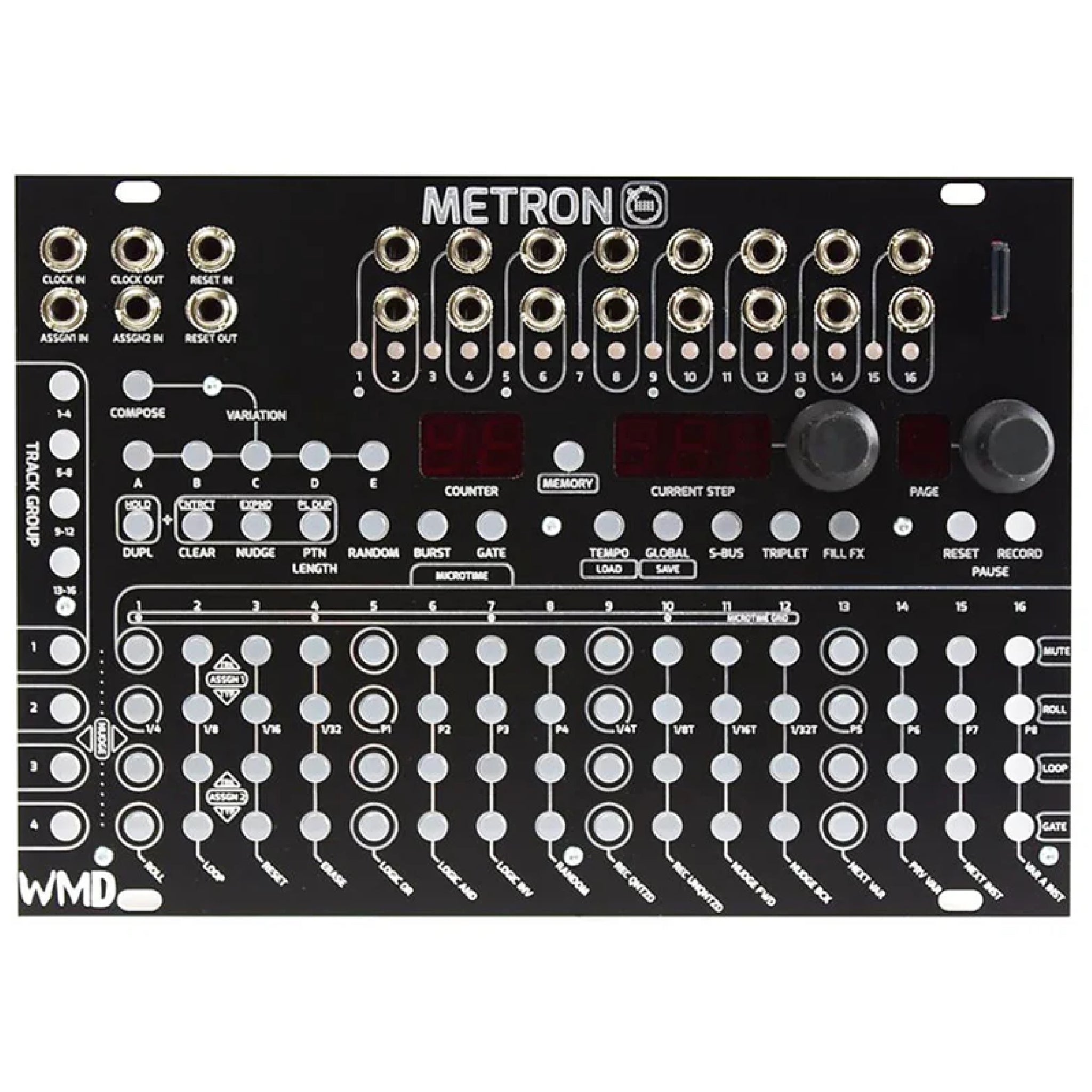 Front view of a black WMD Metron sequencer module with multiple buttons, knobs, LED displays, and 1/4 inch jacks.