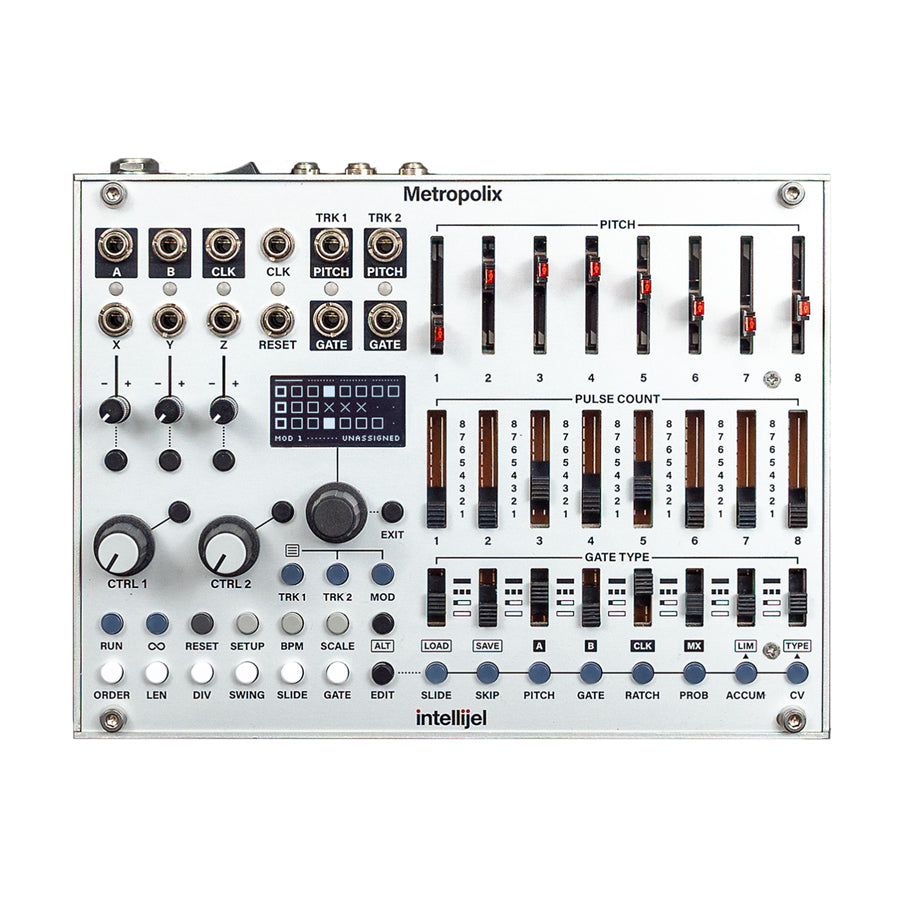 Front view of an Intellijel Metropolix module with knobs, sliders, buttons, and multiple 1/8 inch jacks.