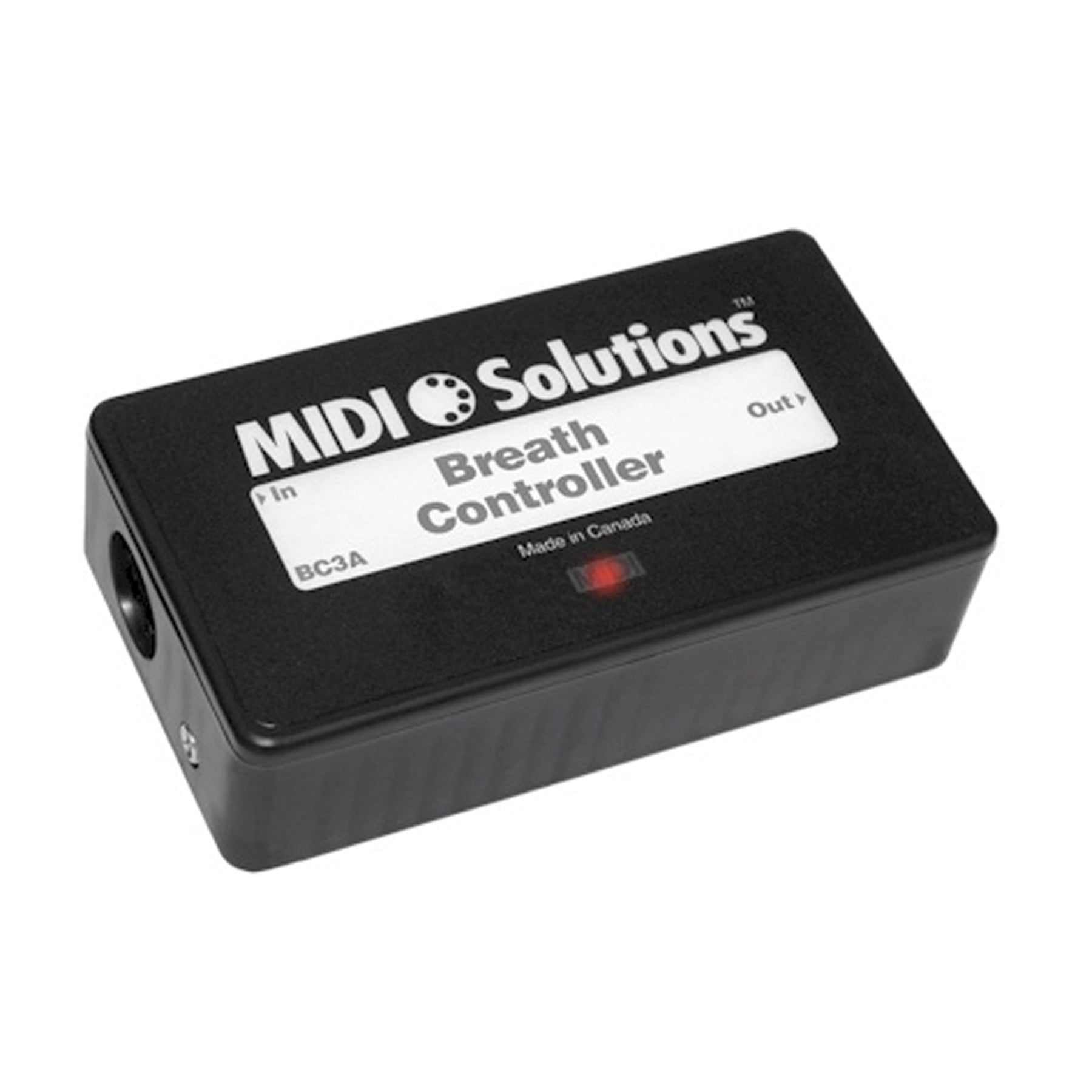 Black rectangular MIDI Solutions Breath Controller device with input and output jacks and LED indicator.