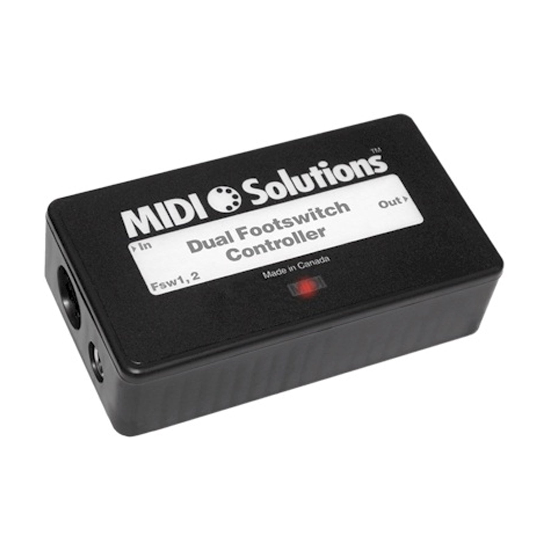 Black rectangular box with MIDI Solutions Dual Footswitch Controller label and input/output jacks on the side.