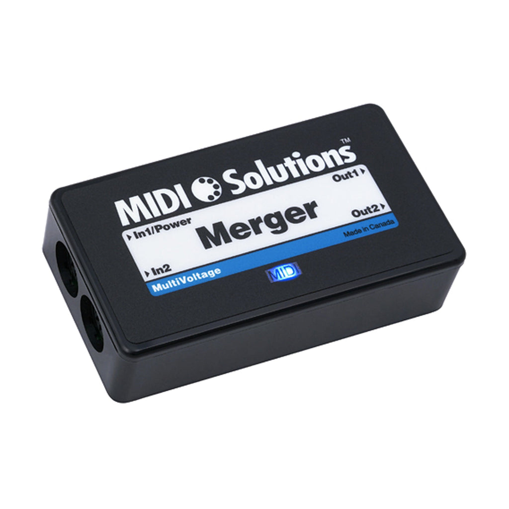 Black rectangular MIDI device labeled Merger with MIDI input and output ports and a blue LED indicator.