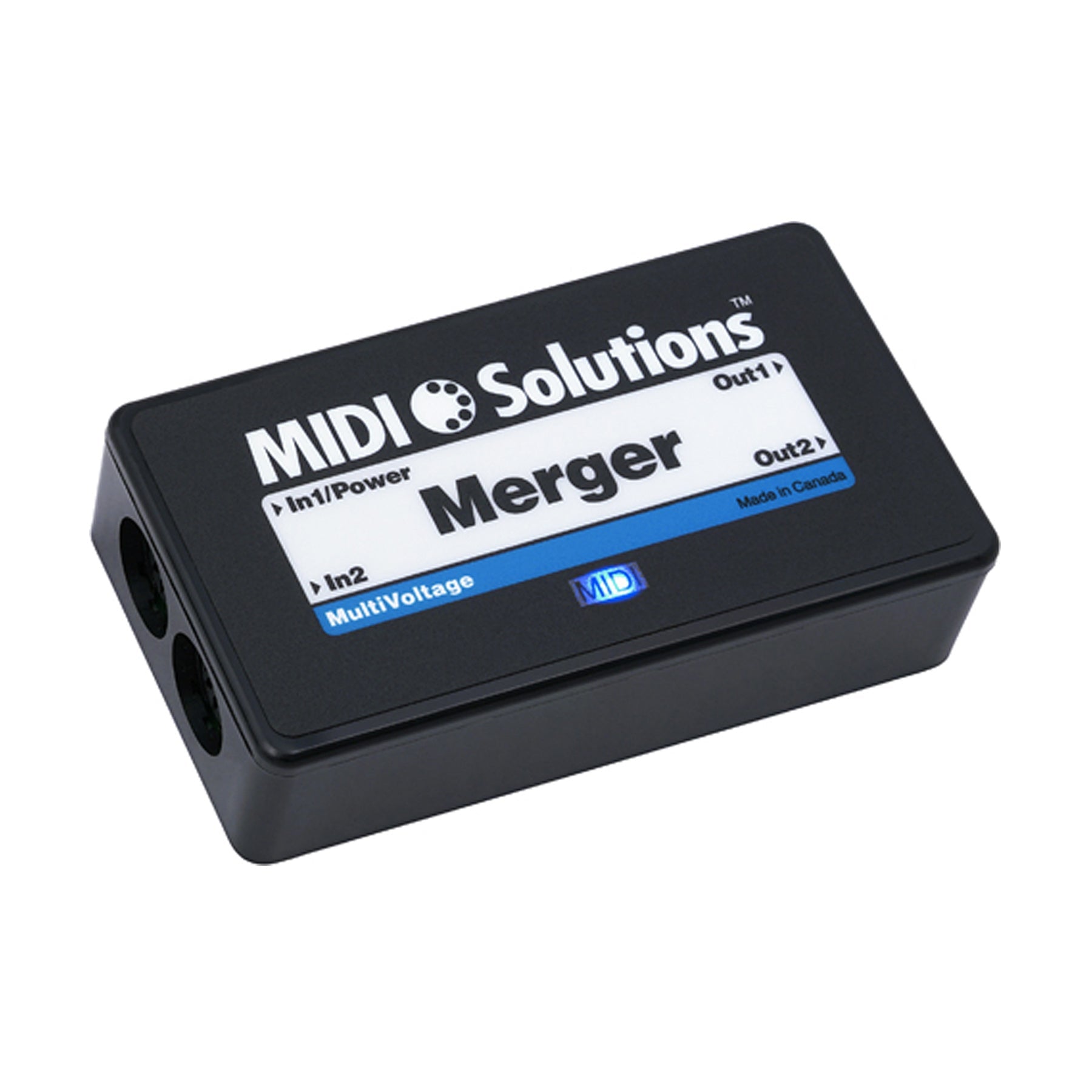 Black rectangular MIDI device labeled Merger with MIDI input and output ports and a blue LED indicator.