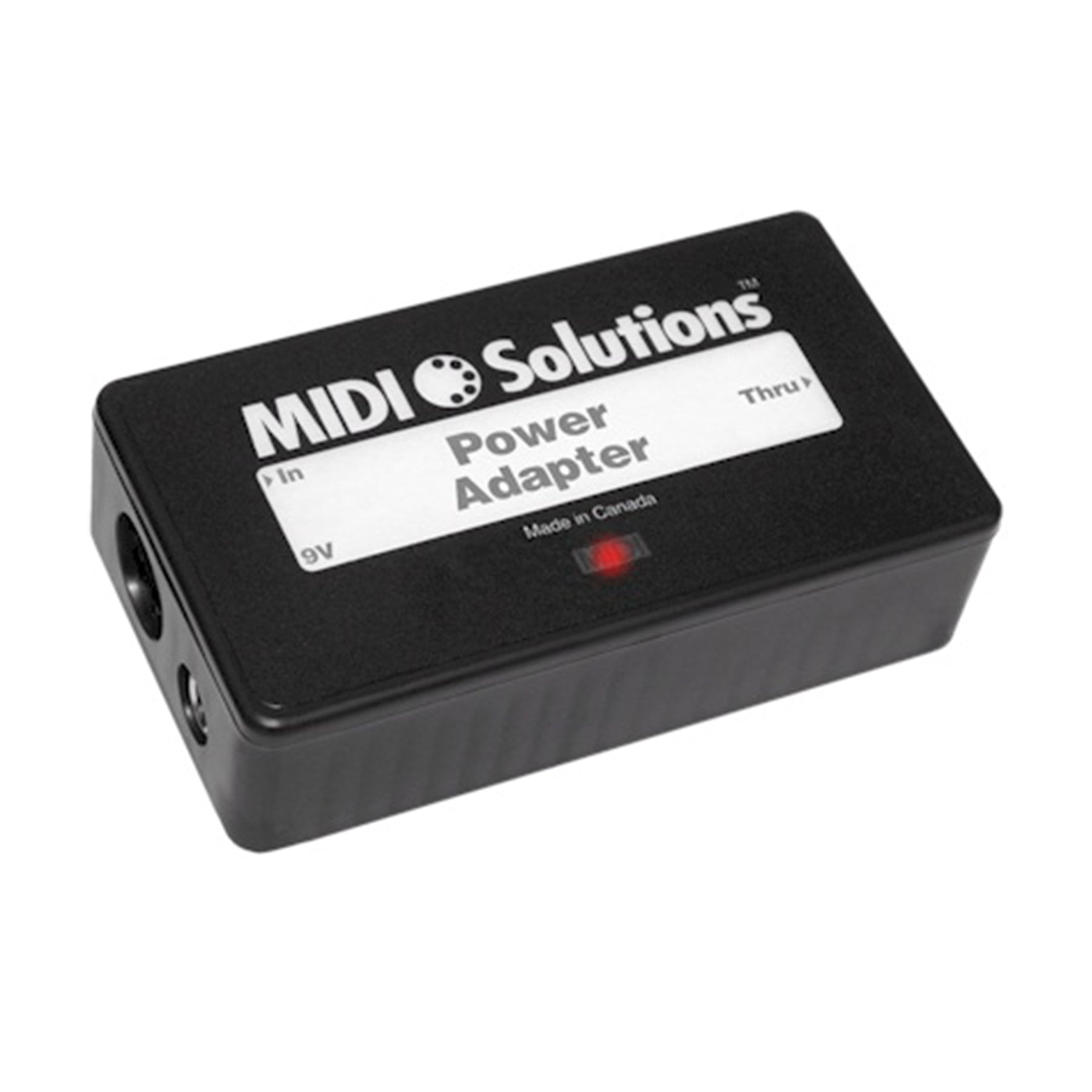 Black rectangular MIDI Solutions power adapter with input and thru connectors and a red LED indicator.