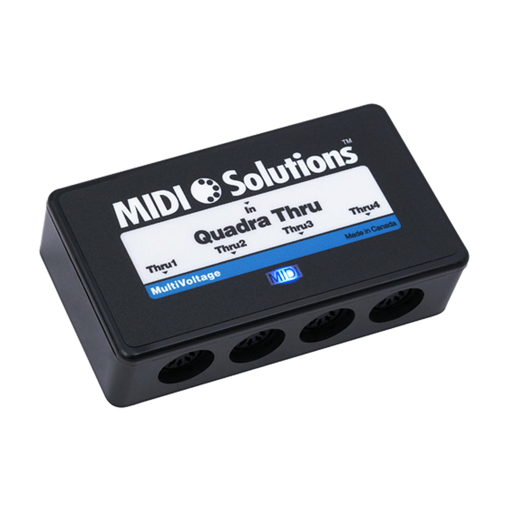Black MIDI Solutions Quadra Thru interface box showing four 5-pin DIN female ports on one side.
