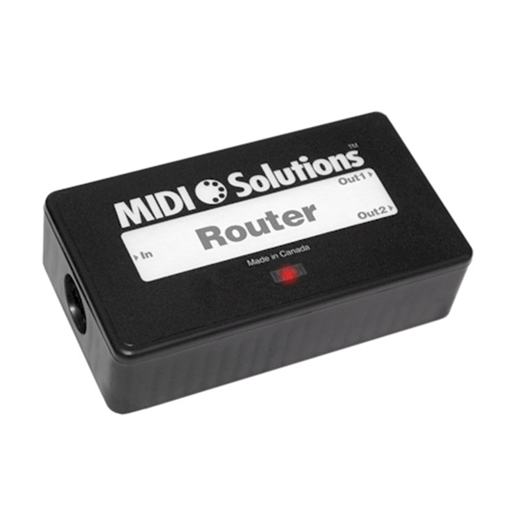 Black rectangular MIDI device with one visible round 5-pin DIN input socket and labeled outputs