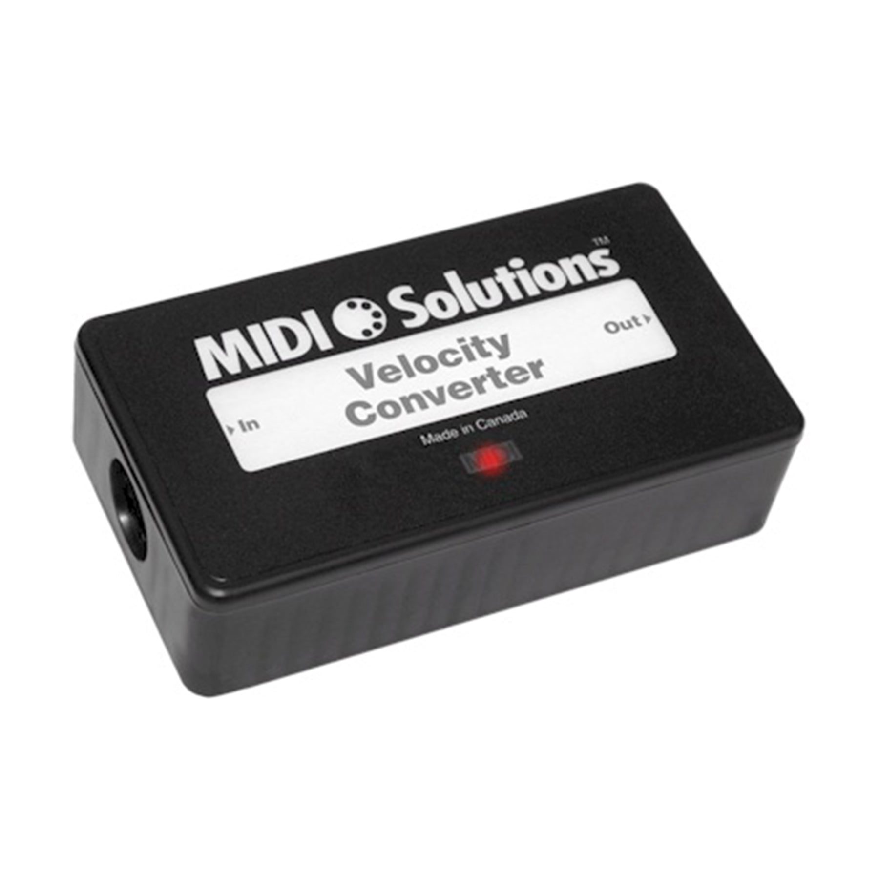 Black MIDI Solutions Velocity Converter device with labeled In and Out connectors and a red LED indicator.